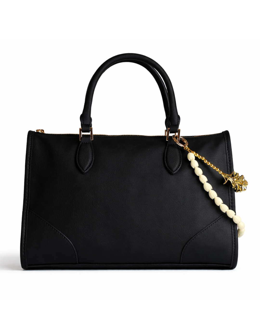 Bag charm worn on the side with double strands of gold plumeria and pikake; Hawaii inspired 