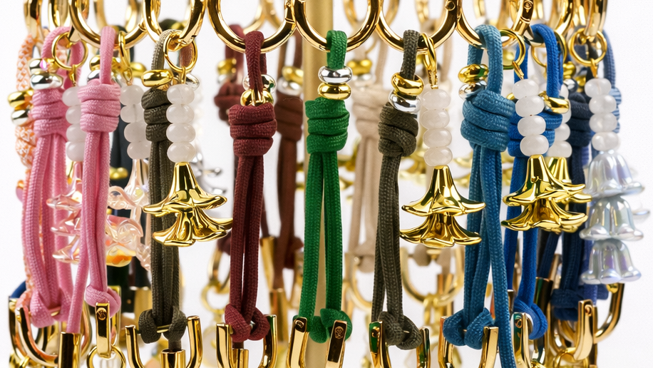 Gold keychain display stand with colorful keychains on a white background