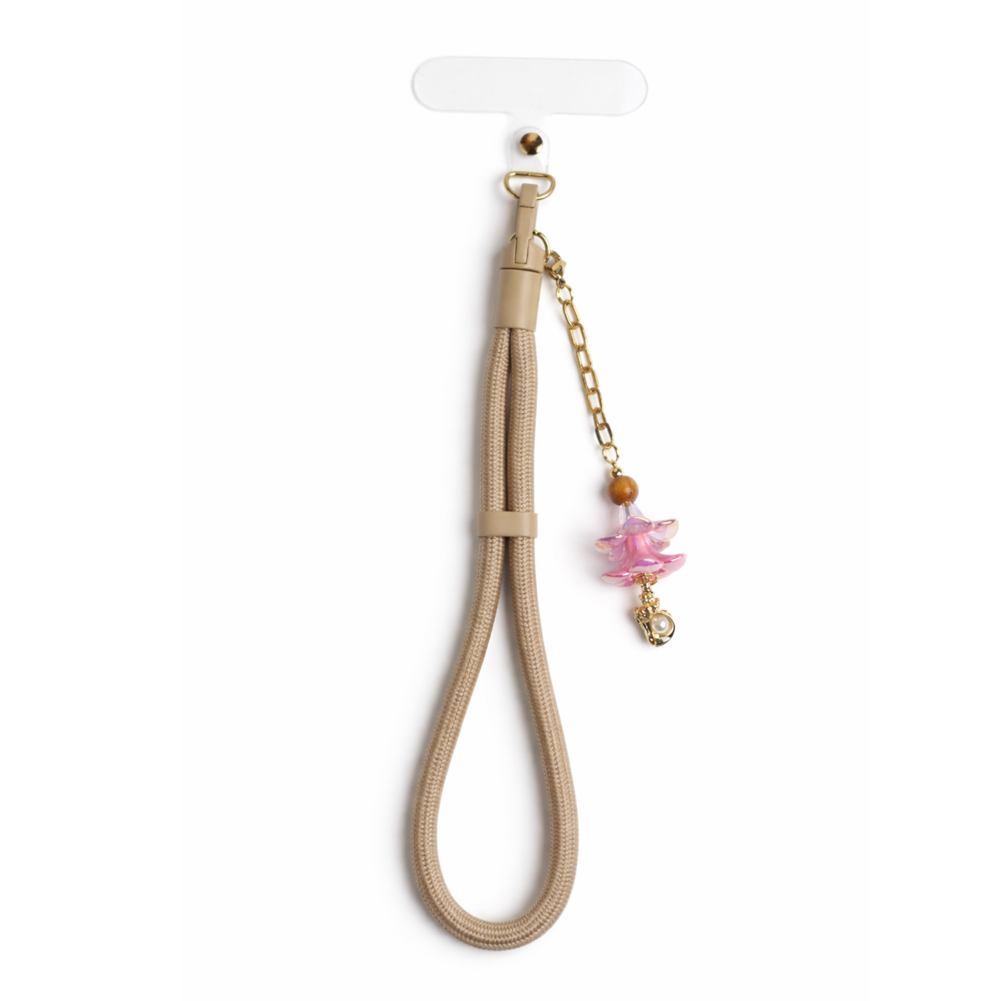 Beige phone wristlet with pink plumeria charm on white background