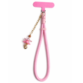 Pink phone wristlet with pink plumeria charm on white background