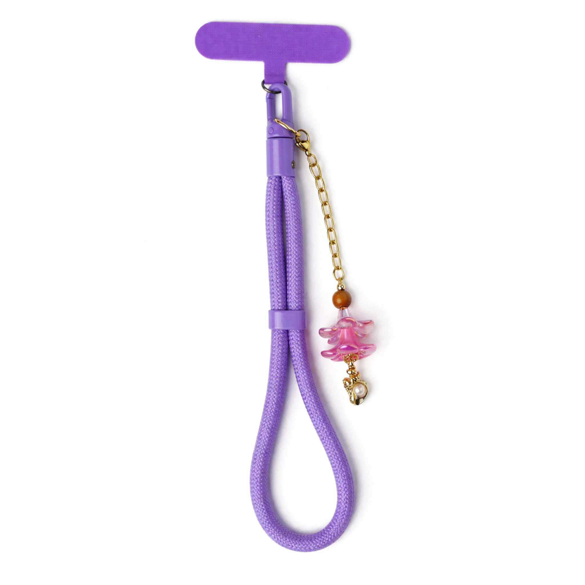 Purple phone wristlet with pink plumeria charm on white background