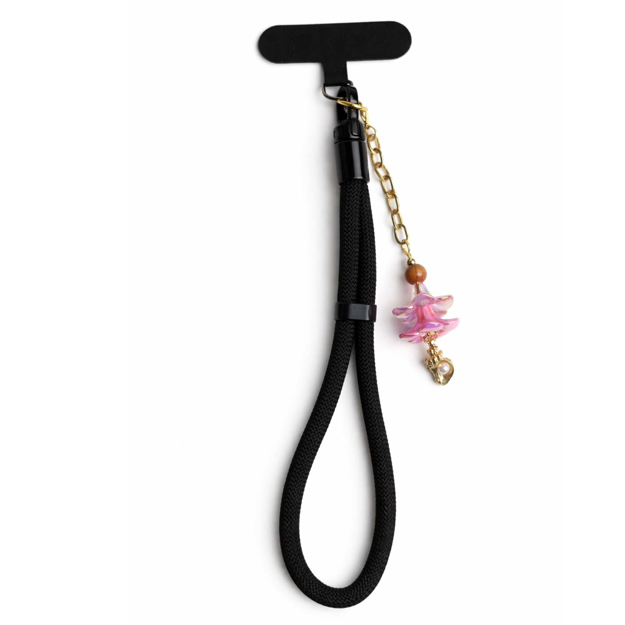Black phone wristlet with pink plumeria charm on white background